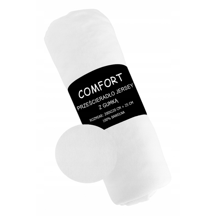 Cearsaf de pat, KONEY, 200 x 220 cm, Cu elastic, Alb, Hipoalergenic, Fara imprimeu, Material placut la atingere, Rezistent, Se adapteaza perfect saltelei, Jersey