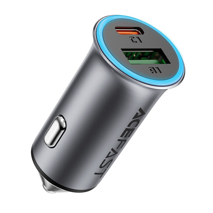 Incarcator auto Car Charger (B16) Fast Charge, USB, Type C, 95W, PD3.0, Ice blue Ambient Light, Aluminium Alloy Metal Gray Gri