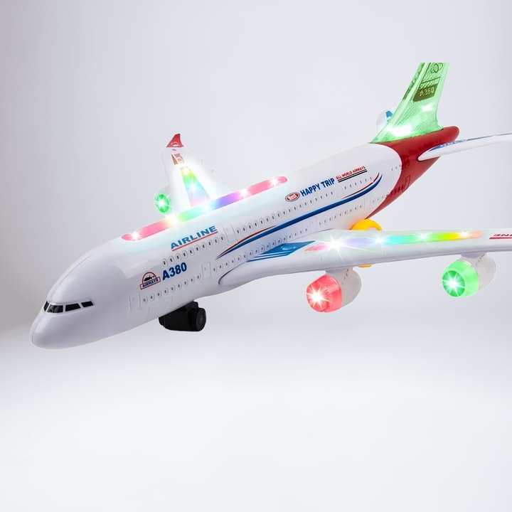 Avion de jucărie electric inspirat A380, cu lumini LED multicolore și efect de fum, alb cu detalii colorate, 40x8.5x10.5cm