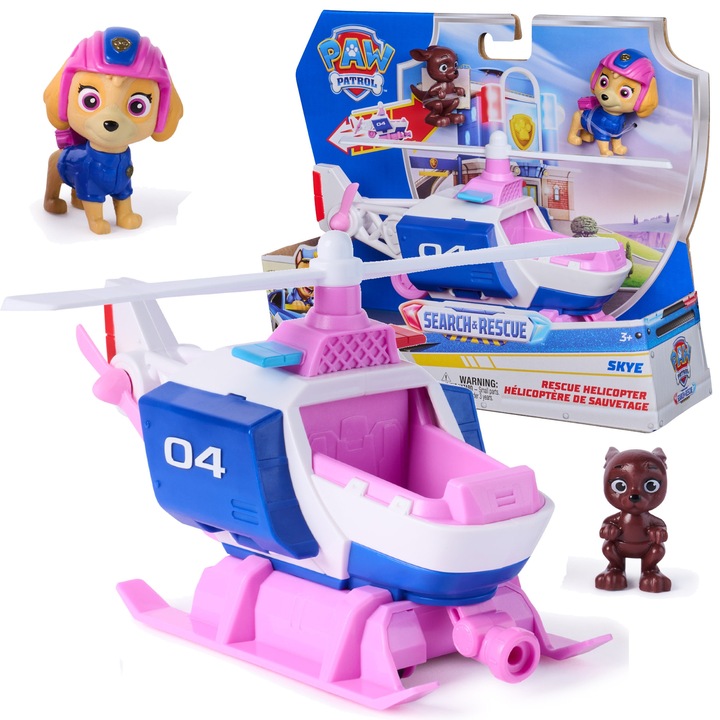 Set jucărie elicopter Skye cu tractiune inapoi și figurine, Spin Master, alb-roz, 19x8x12cm