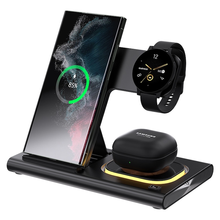 Incarcator Wireless Fresner®, Statie de incarcare 4 in 1 Qi Fast Charger 15W, Magnetic, Lampa nocturna, Compatibil cu Samsung Watch, Casti bluetooth universal, Telefon universal, Negru