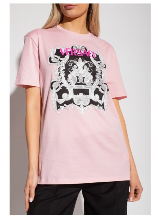 Tricou dama Versace, roz, bumbac, decolteu rotund, marime 50