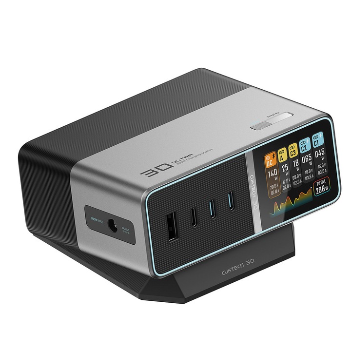 Statie de incarcare 5 in 1 Cuktech TA3005U, PD 300W, 3A, 3x USB-C, 1x USB-A, 1x DC, Silver
