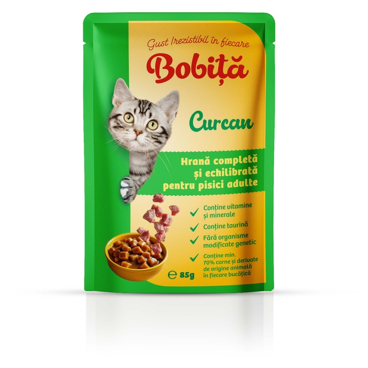 Hrana umeda pisici Bobita Curcan 12 x 85g – Plic hrana completa pentru pisici adulte, Curcan
