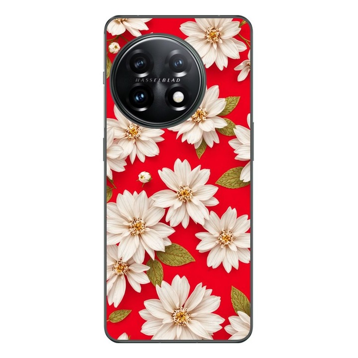 Husa compatibila cu OnePlus 12R Silicon Gel Tpu Model White Flowers on Red Background