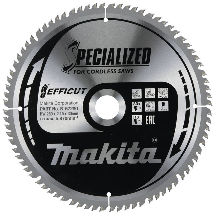 Disc circular Makita, 260x30x2, 15mm, 80 dente, pentru lemn