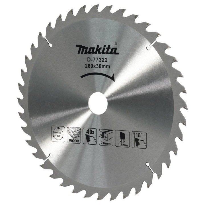 Disc circular Makita D-77322, 260x40Zx30mm, carbura, pentru lemn, 1 buc