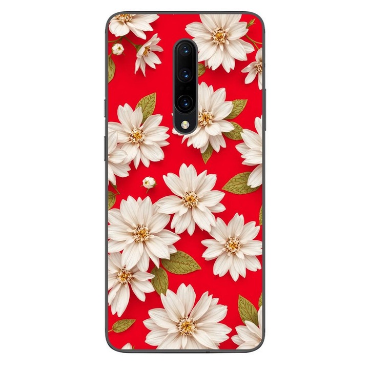 Husa compatibila cu OnePlus 7 Pro Silicon Gel Tpu Model White Flowers on Red Background