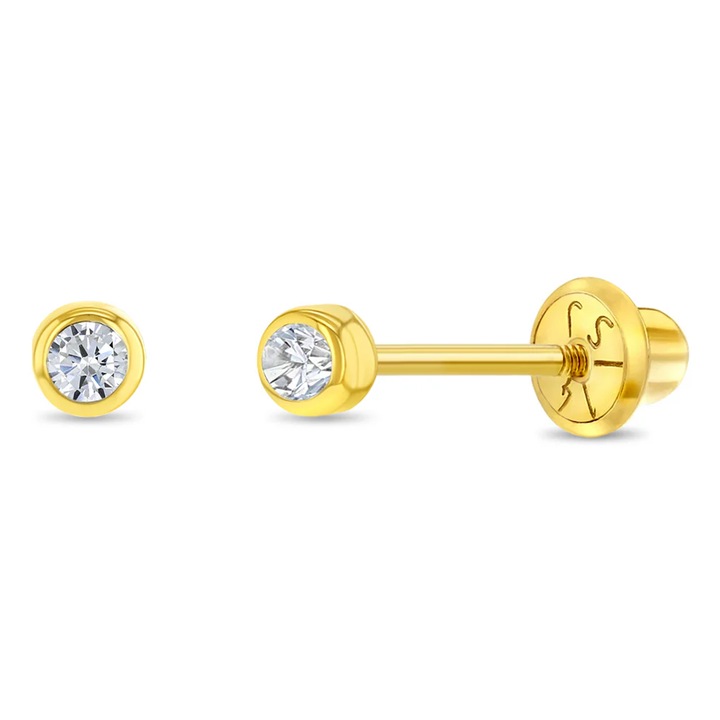 Cercei din Aur 14K Bebe Gold cu Diamant Natural 2mm, montura Bezel, galben, pentru nou-nascuti
