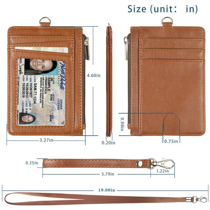 Тънък портфейл YunDaMei, за много карти, с цип, кафяв, 12x8.5см