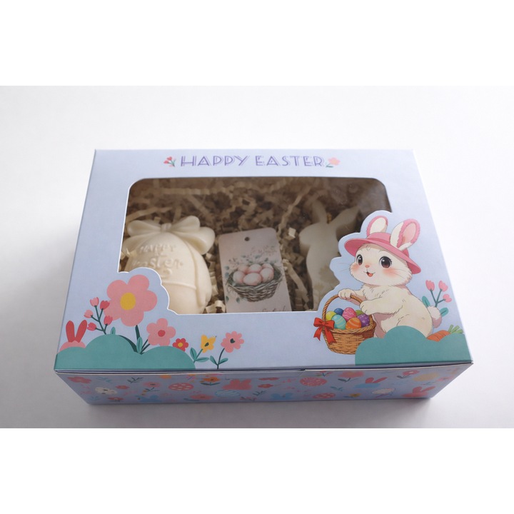 Lumanari parfumate din ceara de soia 100% naturala, set cadou Paste, handmade, arome bujori, ciocolata alba & migdale, violet lime, iepuras si ou