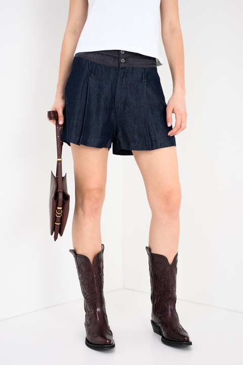 G-STAR, Blugi scurti din lyocell cu pliuri, Albastru indigo