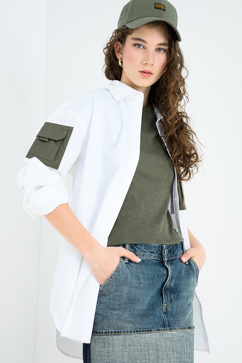 G-STAR, Bő fazonú organikuspamut ing kontrasztos fedőlapos zsebekkel, Fehér/Sötétzöld