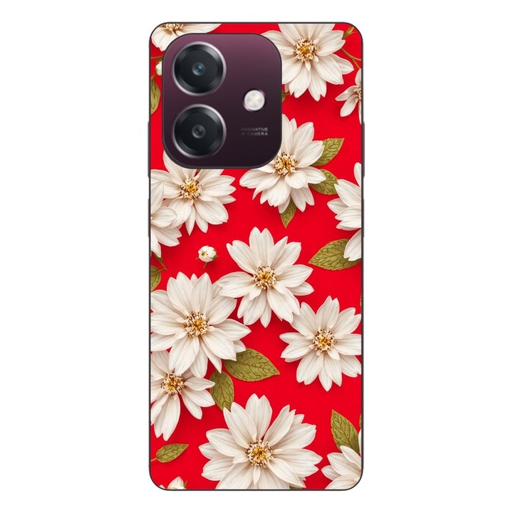 Husa compatibila cu Oppo A40 Silicon Gel Tpu Model White Flowers on Red Background