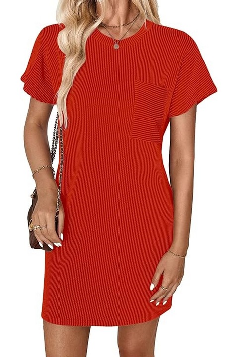 Rochie mini cu maneca scurta si guler rotund pentru femei, lejera, GLEENOD, Rosu
