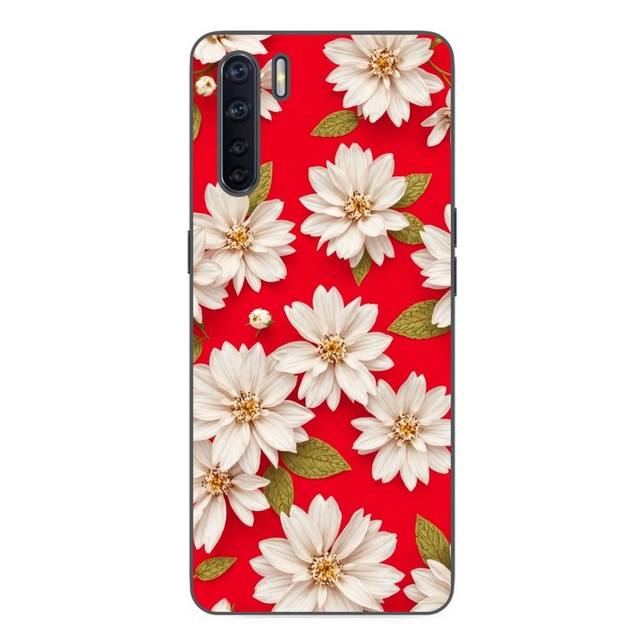 Husa compatibila cu Oppo A91 Silicon Gel Tpu Model White Flowers on Red Background