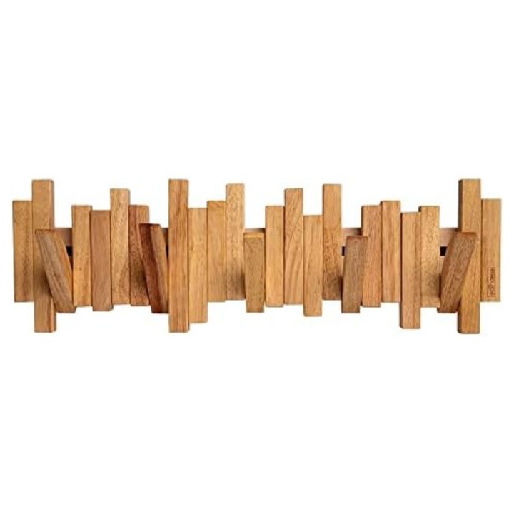 Cuier de perete, Lemn 100% natural, Rezistent, Elegant, Include elemente de fixare, Design cu 5 carlige, Haine, Palarii (Maro deschis)