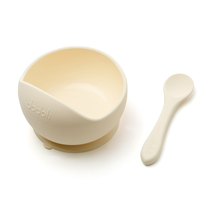 Bol antiderapant Dodoli din silicon cu ventuza si lingurita pentru bebelusi, Ivory
