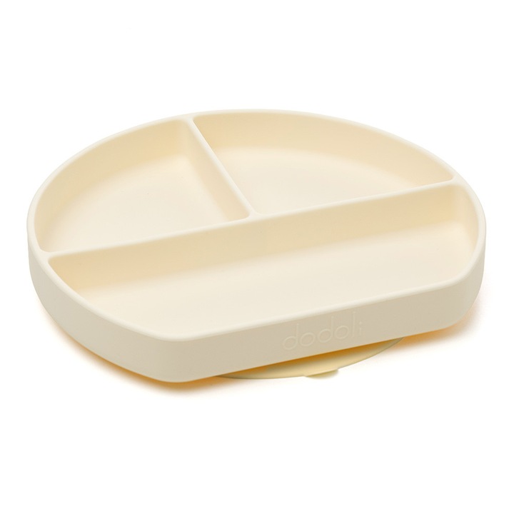 Farfurie antiderapanta Dodoli din silicon cu ventuza si compartimente pentru bebelusi, Ivory