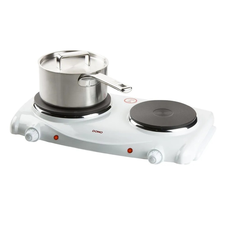 Plita electrica DOMO, latime 48 cm, ideala pentru studenti/rulota/camping/spatii restranse, diametru arzatoare 18/15 cm, arzatoare tip disc din fonta, comutatoare rotative independente/zona, 6 trepte de temperatura, indicatoare LED, incalzire rapida, alb