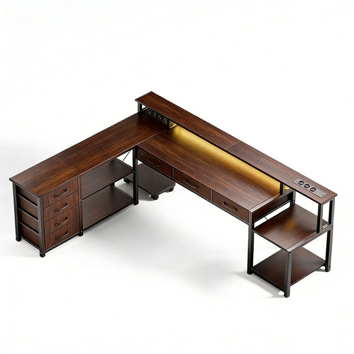 Birou de colt in forma de L, Birou pentru jocuri, UWOT, iluminare cu LED, cu 7 sertare, prize de alimentare si porturi USB, suport pentru monitor, Maro, 200 x 163 x 91 cm, design rabatabil, amenajare flexibila, ergonomic