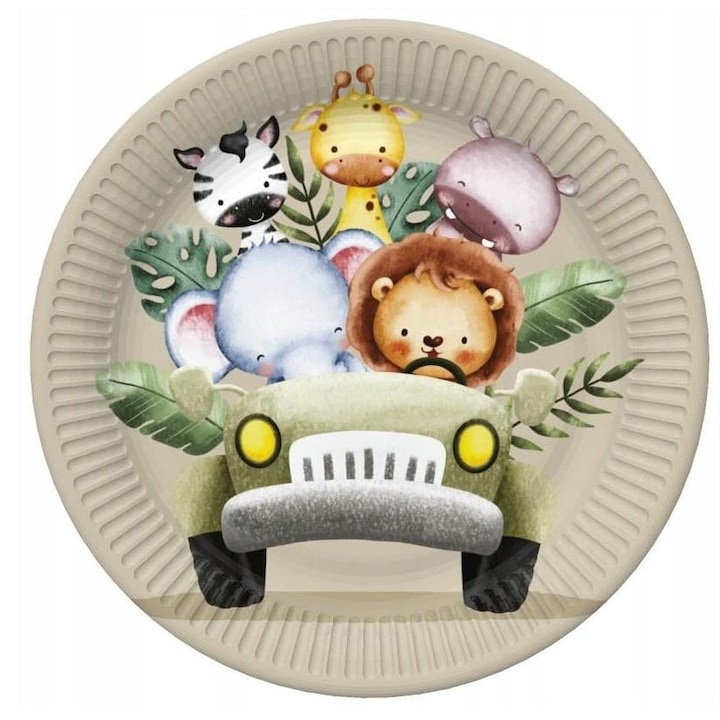 Farfurii de hârtie Safari cu animale în Jeep, 8 bucăți, 22,7 cm