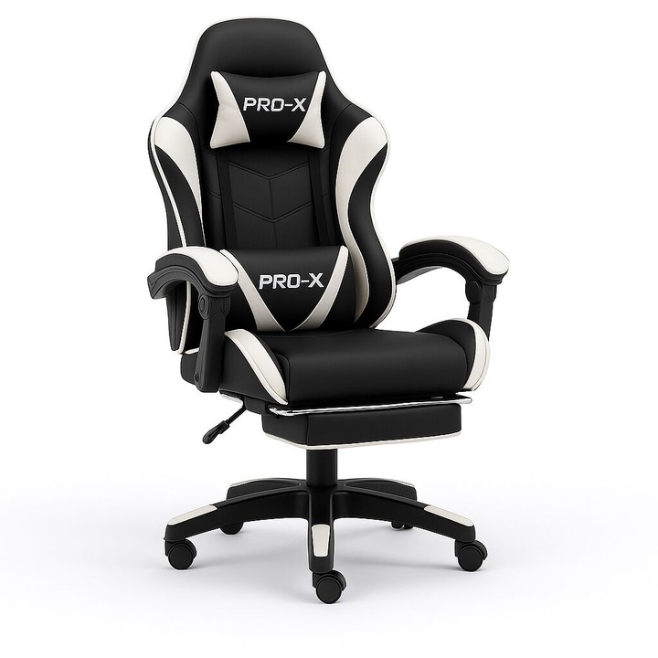 GOBORELAX Gamer szék masszázs funkció, lábtartó - fekete-fehér