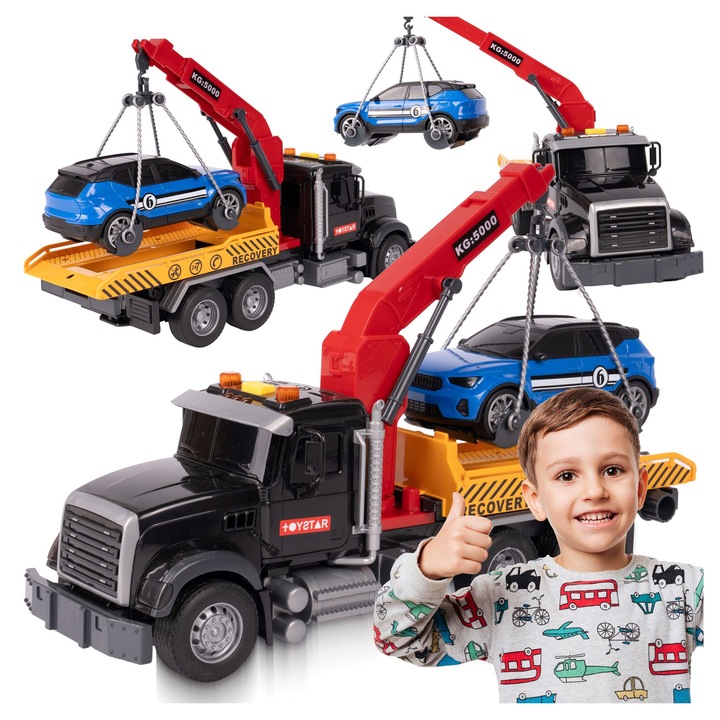 Camion de remorcare SOLTOY®, cu sunete si lumini, macara mobila, carlig si sistem de ancorare tripla, perfect pentru a ridica si transporta masini