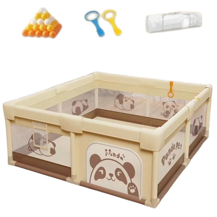 Tarc De Joaca Pentru Copii, 150x180 Cm, 60 Bile Colorate, 2 Inele De Sustinere, Plasa de Protectie, Usa cu Fermoar, Protectii Pentru Colturi, Geanta de Transport, Varsta 0-5 ani, Model Panda