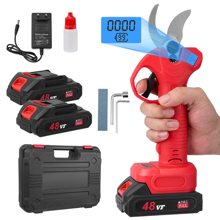 Foarfeca electrica de gradina, Foarfeca fara fir, Motor fara perii, Afisaj LCD, Taiere ajustabila, 2×2000 mAh baterii, Rosu