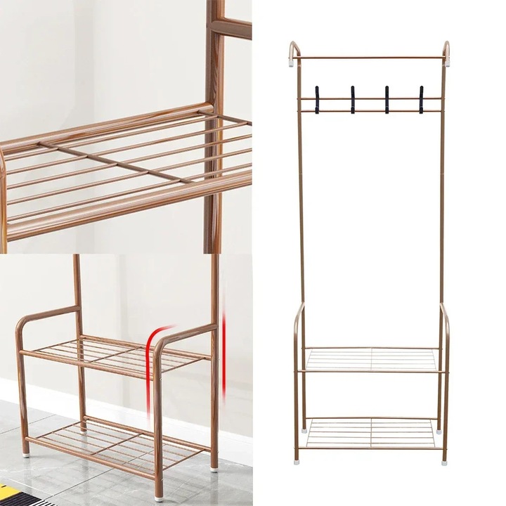 Suport haine cu raft pentru pantofi, 2 niveluri, 4 cârlige detașabile, kaki închis, 67x30x165cm