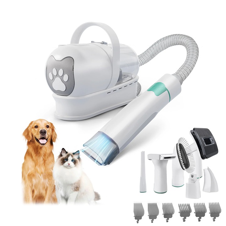 Kit profesional pentru tuns/periere/aspirare caini si pisici NEXTLY, 7 capete interschimbabile, pila electrica unghii, trimmer labute, 6 piepteni, silentios, alb