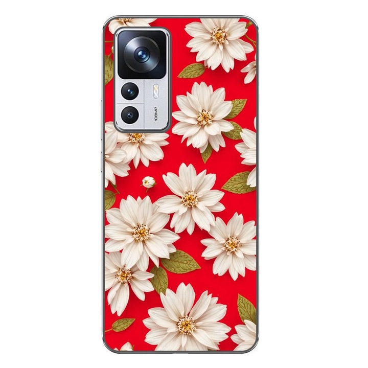 Husa compatibila cu Xiaomi 12T, 12T Pro Silicon Gel Tpu Model White Flowers on Red Background
