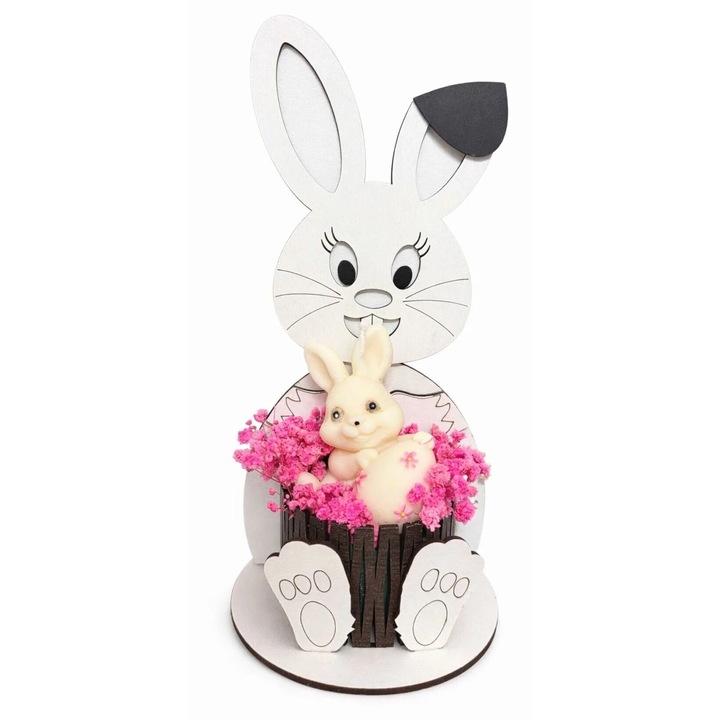 Lumanare Iepuras din Ceara Naturala de Soia Parfumata cu Flori Uscate si Suport Decorativ Iepuras