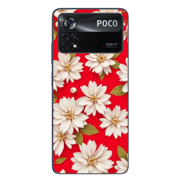 Husa compatibila cu Xiaomi Poco X4 Pro Silicon Gel Tpu Model White Flowers on Red Background