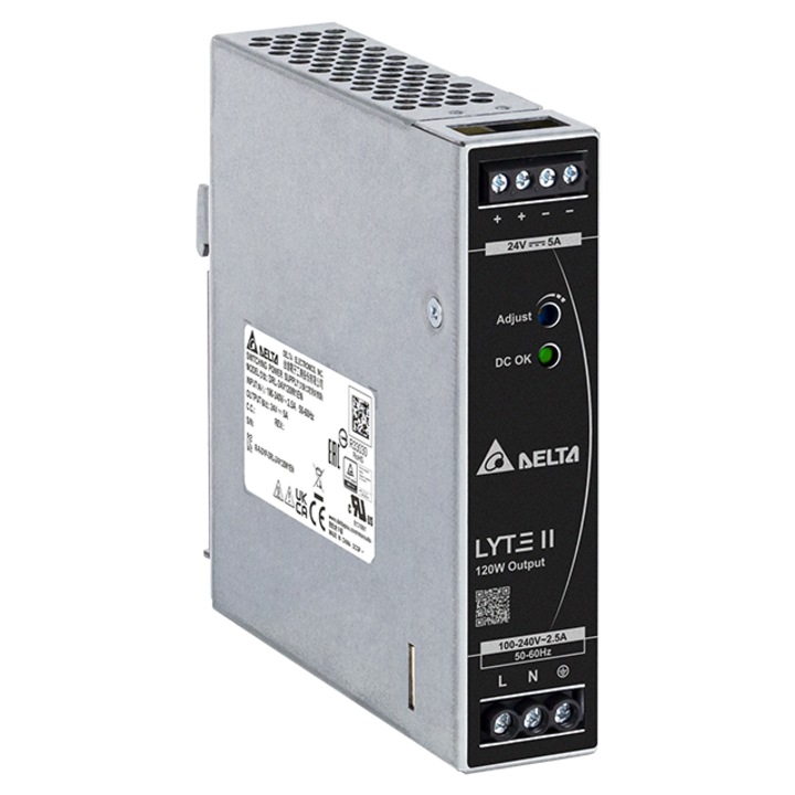 Sursă de alimentare Delta Electronics, 24 V, 5 A, 120 W, monofazată, montaj sina DIN, carcasa metalică