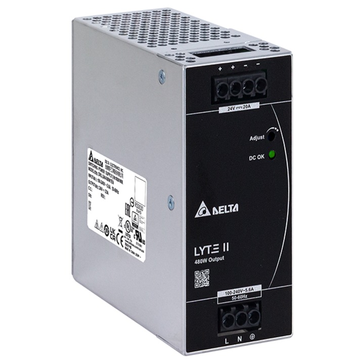 Sursă de alimentare, Delta Electronics, 24 V, 20 A, 480 W, montaj sina DIN, carcasa metalica, 123.6x56x116.8mm