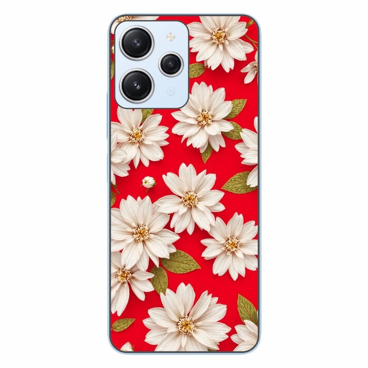 Husa compatibila cu Xiaomi Redmi 12 4G Silicon Gel Tpu Model White Flowers on Red Background