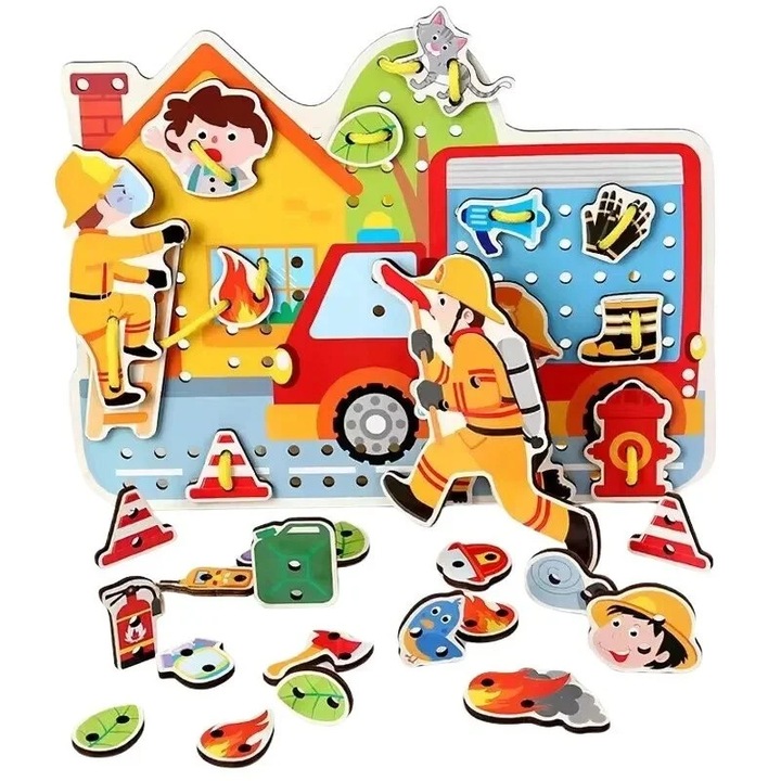 Set puzzle educativ din lemn multicolor cu pompieri si masina de interventie pentru copii, SALLMA®
