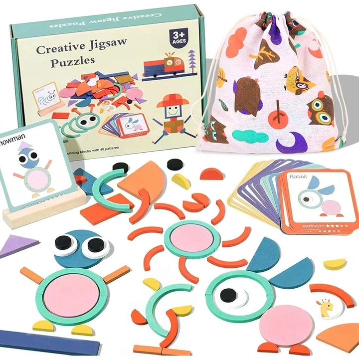 Joc educativ puzzle creativ din piese de lemn pentru dezvoltarea imaginatiei la copii 3+ ani, SARALMA®