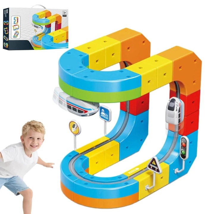 Set interactiv de constructie cu tren monorail si blocuri colorate pentru copii 3+ ani, 18 piese, SALLMA®