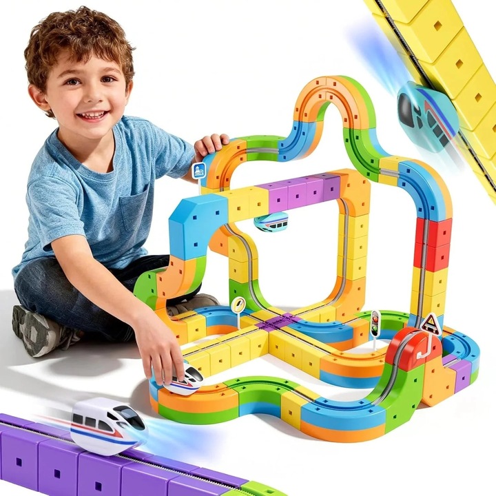 Set magnetic de constructie modular cu trenuri hover colorate si interactive pentru copii, 57 piese, SARALMA®