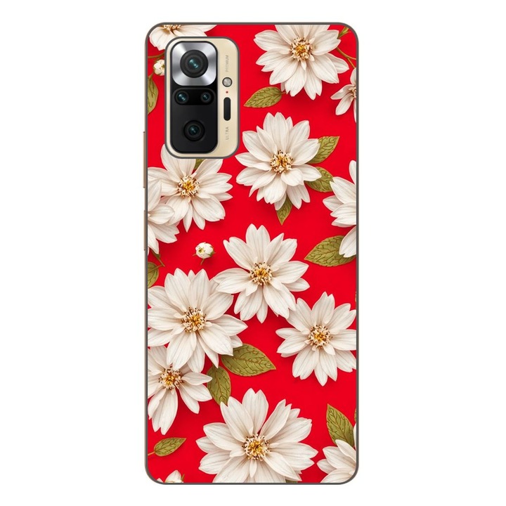 Husa compatibila cu Xiaomi Redmi Note 10 Pro Silicon Gel Tpu Model White Flowers on Red Background