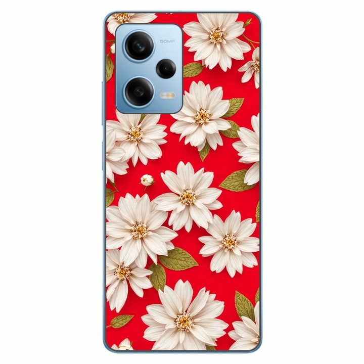 Husa compatibila cu Xiaomi Redmi Note 12 Pro 5G Silicon Gel Tpu Model White Flowers on Red Background