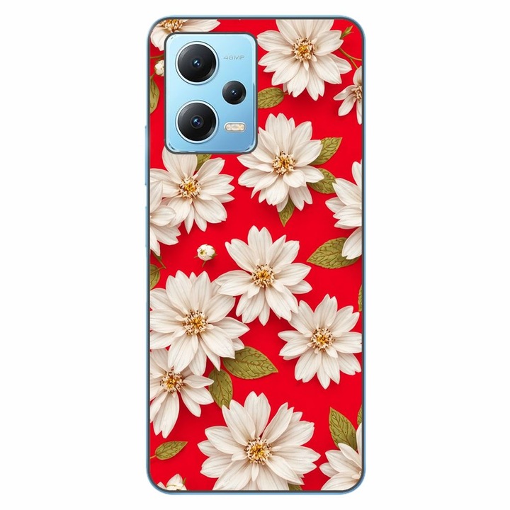 Husa compatibila cu Xiaomi Redmi Note 12 5G Silicon Gel Tpu Model White Flowers on Red Background
