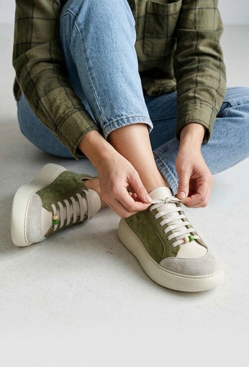 Pantofi dama verzi cu bej din piele