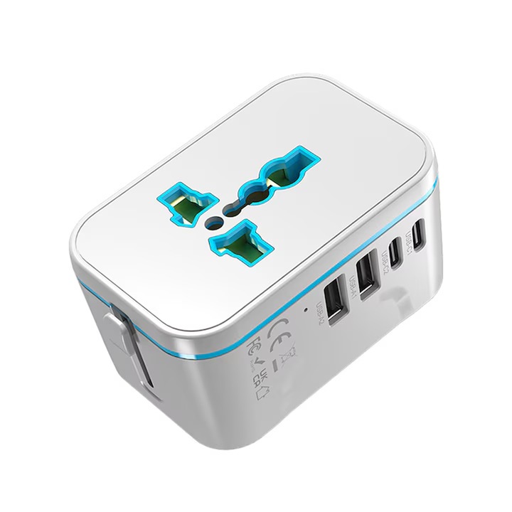 Accesorii prize si intrerupatoare, Adaptor Universal Priza Calatorie, 1priza AC, 2xUSB-A+2xUSB-C priza, 100V-240V, Incarcator PortabilCompatibil Global(US/UK/EU/AU), Siguranta de rezerva, Alb