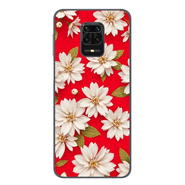 Husa compatibila cu Xiaomi Redmi Note 9 Pro Silicon Gel Tpu Model White Flowers on Red Background