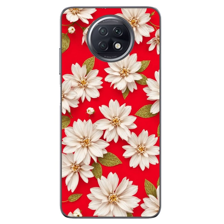 Husa compatibila cu Xiaomi Redmi Note 9T Silicon Gel Tpu Model White Flowers on Red Background