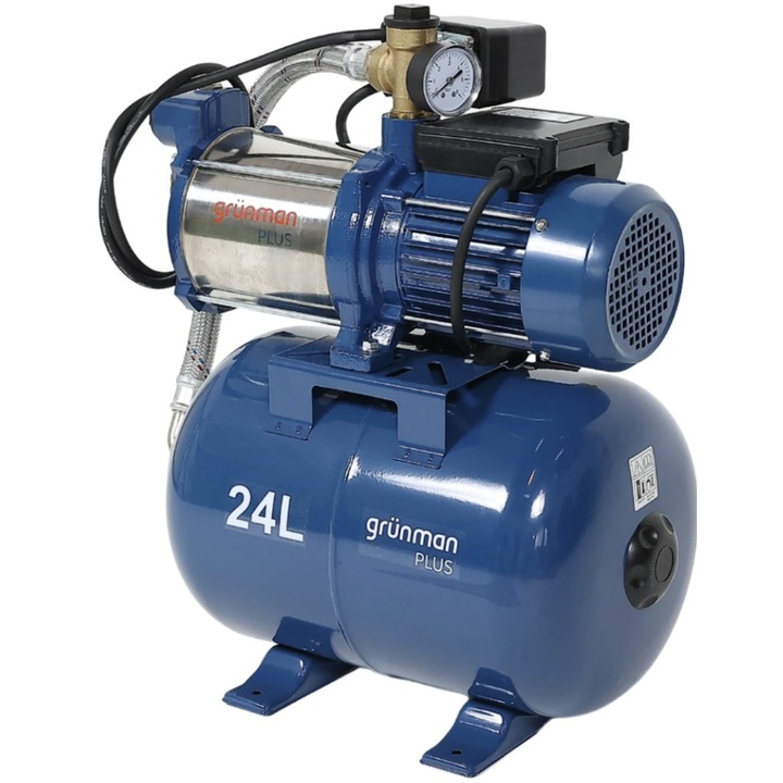 Hidrofor Grunman Plus, cu pompa autoamorsanta din inox, vas 24 L, presostat, manometru, racord flexibil antivibrant, racord 5 cai, 1300 W, IPX8, 3 Bar, 5.4 mc/h, 230V, 35 grade max